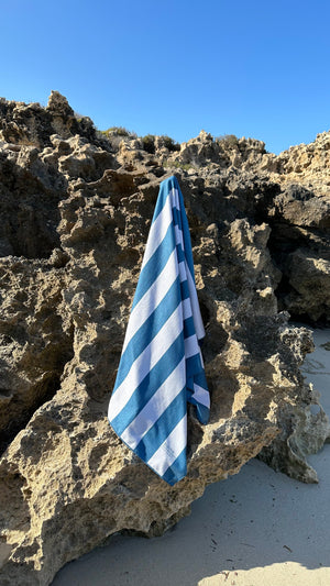 Sand-free beach towel in Deep Ocean blue green colour, made from recycled materials for eco-conscious beachgoers. Our minimalist design towels are quick-dry, ultra-absorbent, lightweight and compact, and come in a convenient neoprene water resistant pouch for easy transport or storing your sunnies, keys etc. while enjoying the outdoors. Sizes available: Kids, Regular and XL Share Towel
