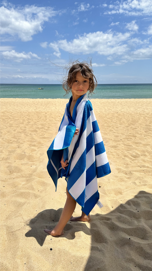 Kids Sand-free beach towel in Deep Ocean blue green colour, made from recycled materials for eco-conscious beachgoers. Our minimalist design towels are quick-dry, ultra-absorbent, lightweight and compact, and come in a convenient neoprene water resistant pouch for easy transport or storing your sunnies, keys etc. while enjoying the outdoors. Sizes available: Kids, Regular and XL Share Towel
